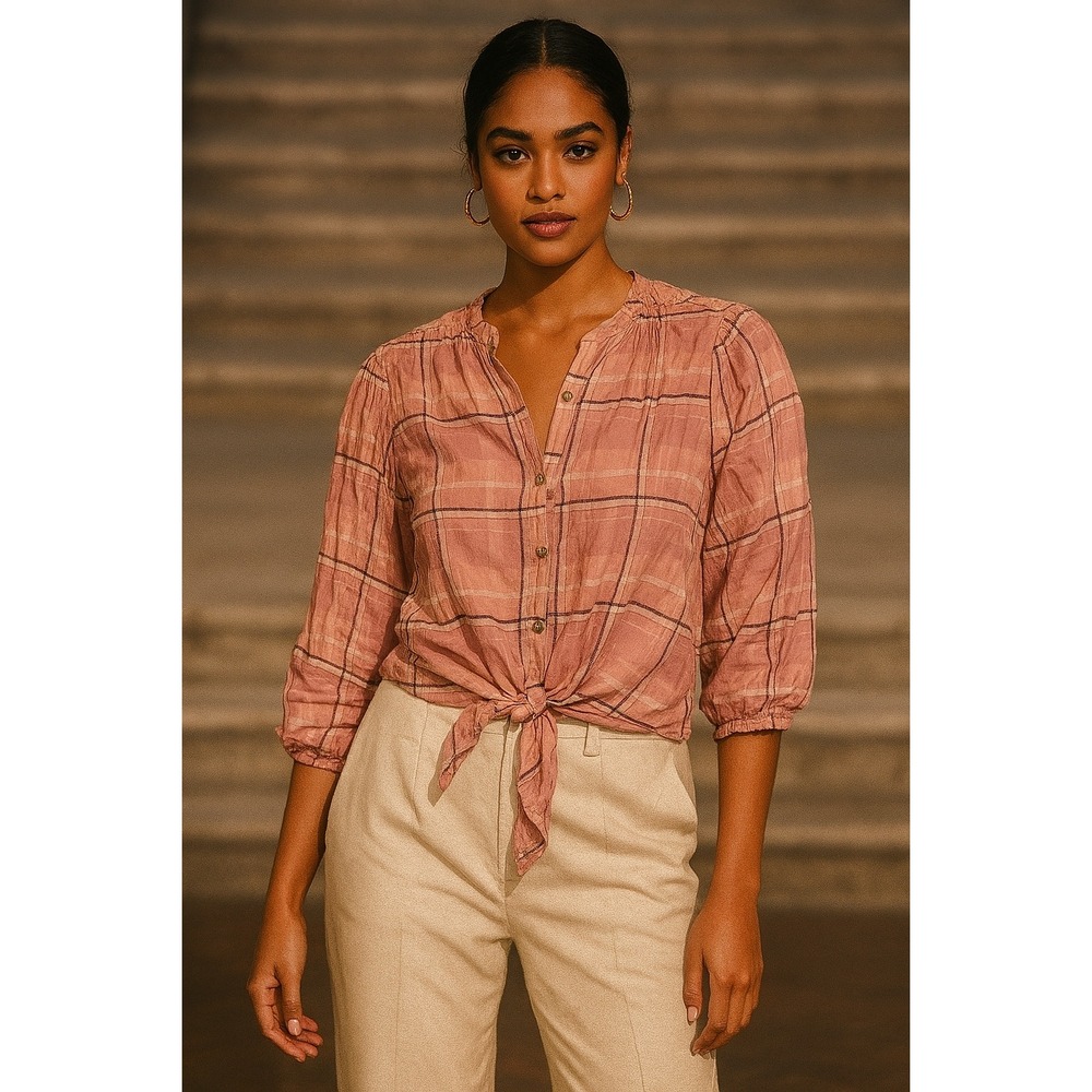 Como Vintage Plaid Tie-Front Top Button Down Blouse 3/4 Sleeve XS‎